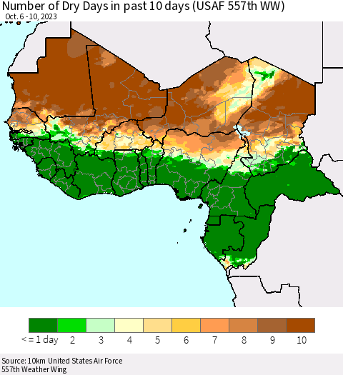 Western Africa Number of Dry Days in past 10 days (USAF 557th WW) Thematic Map For 10/6/2023 - 10/10/2023