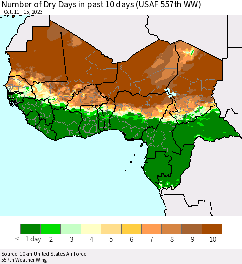 Western Africa Number of Dry Days in past 10 days (USAF 557th WW) Thematic Map For 10/11/2023 - 10/15/2023