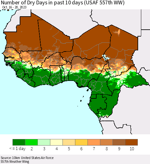 Western Africa Number of Dry Days in past 10 days (USAF 557th WW) Thematic Map For 10/16/2023 - 10/20/2023