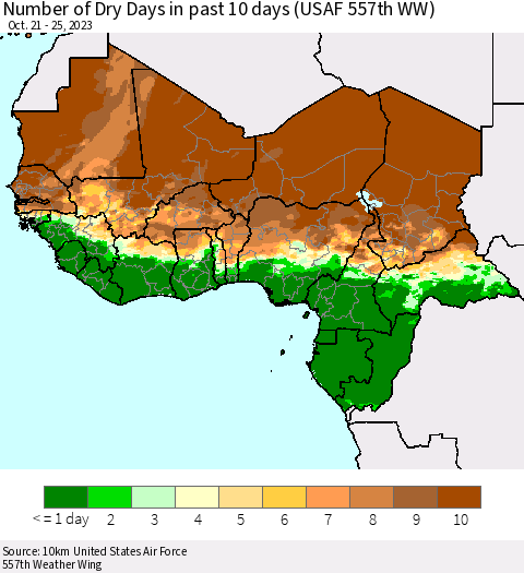 Western Africa Number of Dry Days in past 10 days (USAF 557th WW) Thematic Map For 10/21/2023 - 10/25/2023