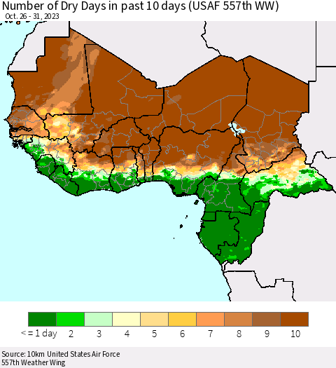 Western Africa Number of Dry Days in past 10 days (USAF 557th WW) Thematic Map For 10/26/2023 - 10/31/2023