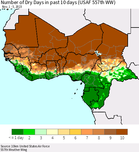Western Africa Number of Dry Days in past 10 days (USAF 557th WW) Thematic Map For 11/1/2023 - 11/5/2023