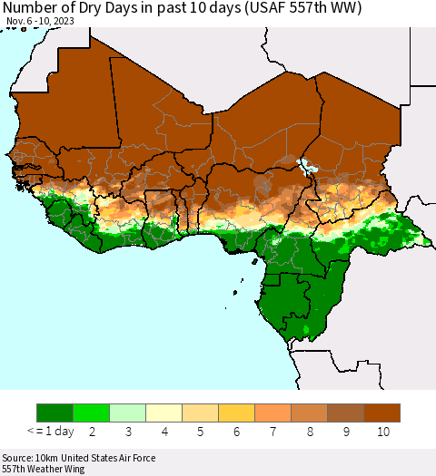 Western Africa Number of Dry Days in past 10 days (USAF 557th WW) Thematic Map For 11/6/2023 - 11/10/2023