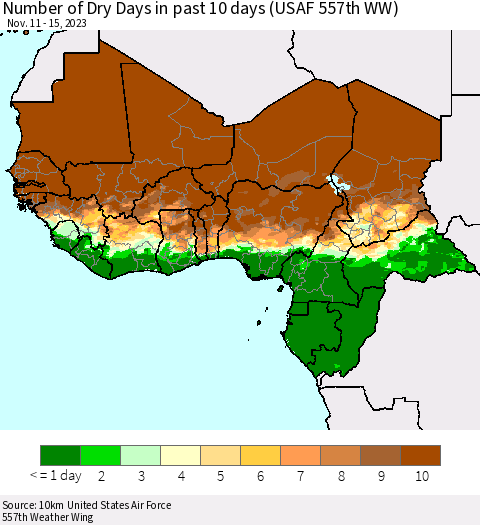 Western Africa Number of Dry Days in past 10 days (USAF 557th WW) Thematic Map For 11/11/2023 - 11/15/2023