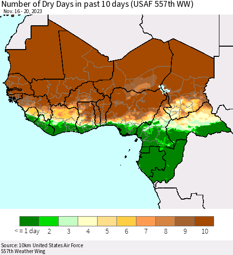 Western Africa Number of Dry Days in past 10 days (USAF 557th WW) Thematic Map For 11/16/2023 - 11/20/2023