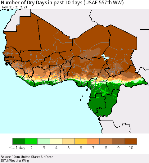 Western Africa Number of Dry Days in past 10 days (USAF 557th WW) Thematic Map For 11/21/2023 - 11/25/2023