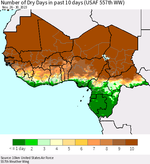 Western Africa Number of Dry Days in past 10 days (USAF 557th WW) Thematic Map For 11/26/2023 - 11/30/2023