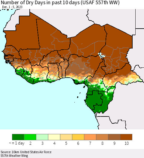 Western Africa Number of Dry Days in past 10 days (USAF 557th WW) Thematic Map For 12/1/2023 - 12/5/2023