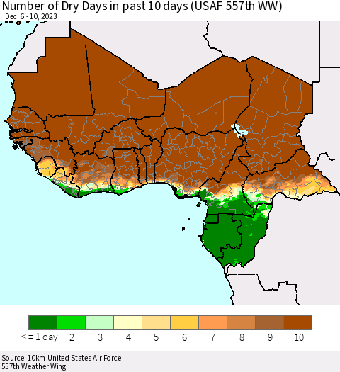 Western Africa Number of Dry Days in past 10 days (USAF 557th WW) Thematic Map For 12/6/2023 - 12/10/2023