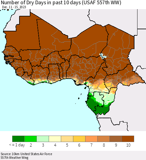Western Africa Number of Dry Days in past 10 days (USAF 557th WW) Thematic Map For 12/11/2023 - 12/15/2023