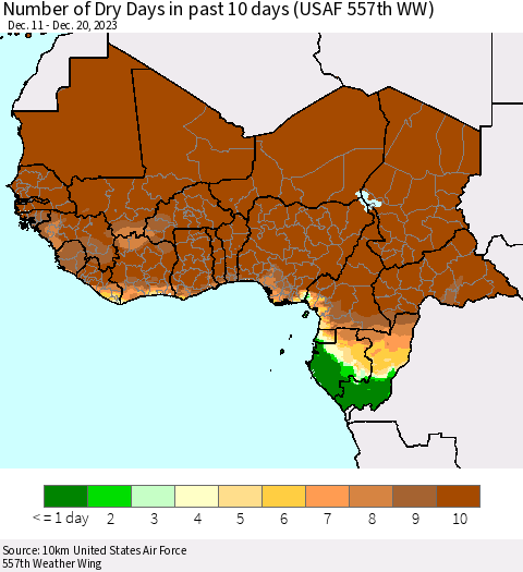 Western Africa Number of Dry Days in past 10 days (USAF 557th WW) Thematic Map For 12/16/2023 - 12/20/2023