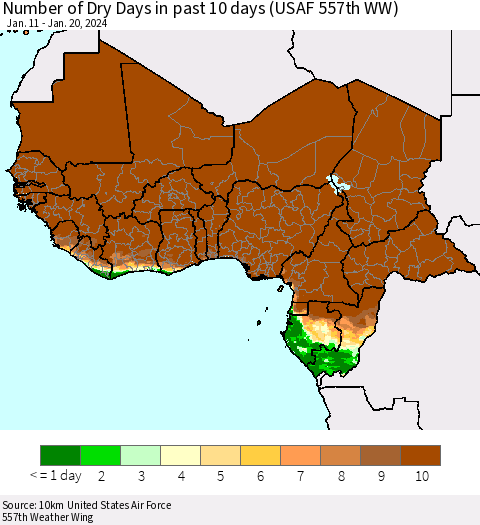 Western Africa Number of Dry Days in past 10 days (USAF 557th WW) Thematic Map For 1/16/2024 - 1/20/2024