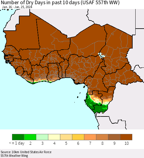 Western Africa Number of Dry Days in past 10 days (USAF 557th WW) Thematic Map For 1/21/2024 - 1/25/2024