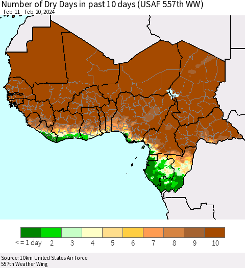 Western Africa Number of Dry Days in past 10 days (USAF 557th WW) Thematic Map For 2/16/2024 - 2/20/2024