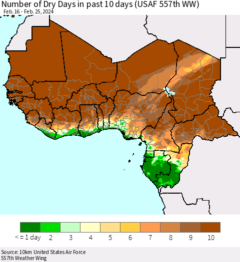 Western Africa Number of Dry Days in past 10 days (USAF 557th WW) Thematic Map For 2/21/2024 - 2/25/2024