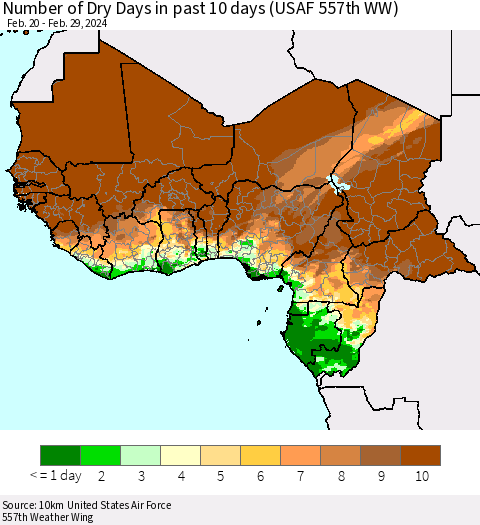 Western Africa Number of Dry Days in past 10 days (USAF 557th WW) Thematic Map For 2/26/2024 - 2/29/2024