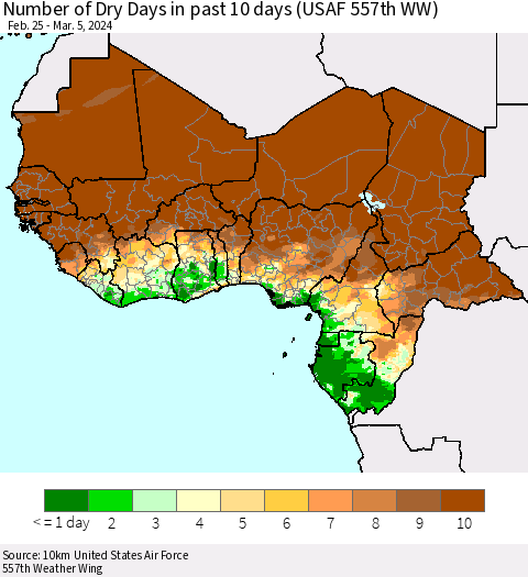 Western Africa Number of Dry Days in past 10 days (USAF 557th WW) Thematic Map For 3/1/2024 - 3/5/2024