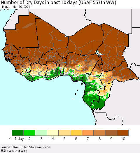 Western Africa Number of Dry Days in past 10 days (USAF 557th WW) Thematic Map For 3/6/2024 - 3/10/2024