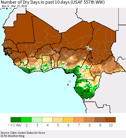Western Africa Number of Dry Days in past 10 days (USAF 557th WW) Thematic Map For 3/11/2024 - 3/15/2024