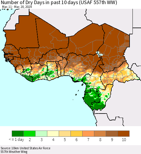 Western Africa Number of Dry Days in past 10 days (USAF 557th WW) Thematic Map For 3/16/2024 - 3/20/2024