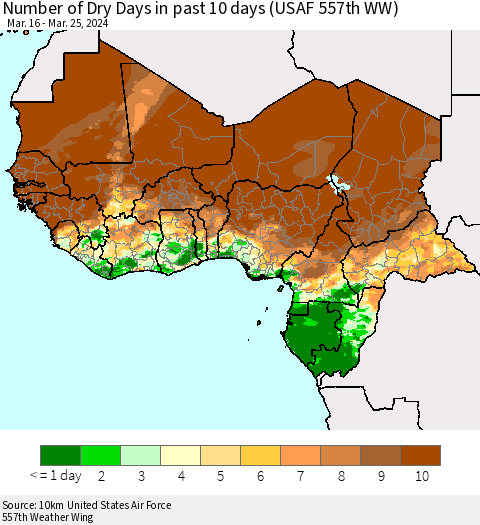 Western Africa Number of Dry Days in past 10 days (USAF 557th WW) Thematic Map For 3/21/2024 - 3/25/2024