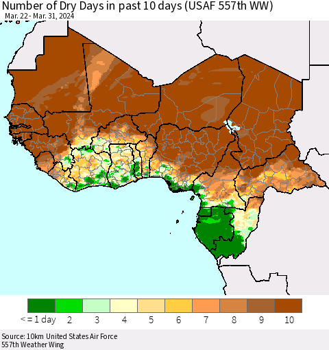 Western Africa Number of Dry Days in past 10 days (USAF 557th WW) Thematic Map For 3/26/2024 - 3/31/2024