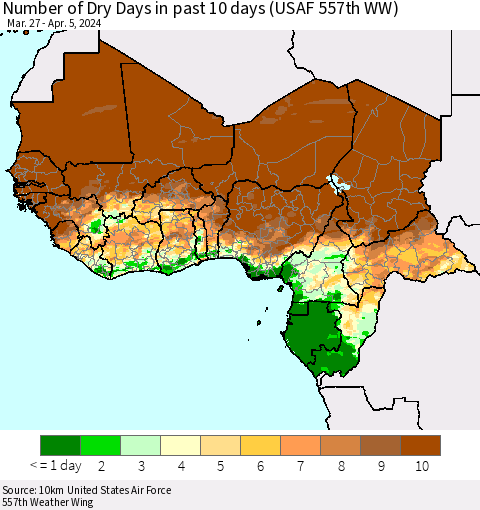 Western Africa Number of Dry Days in past 10 days (USAF 557th WW) Thematic Map For 4/1/2024 - 4/5/2024