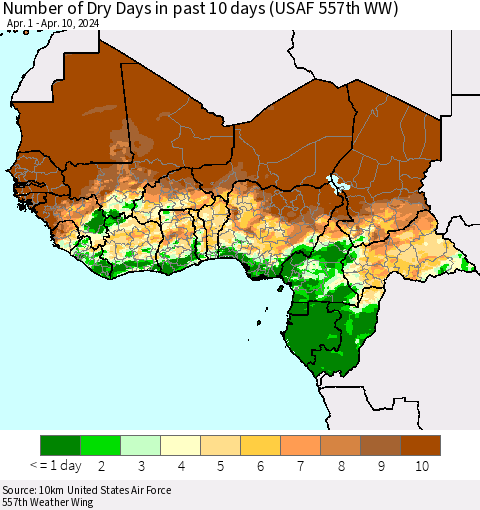 Western Africa Number of Dry Days in past 10 days (USAF 557th WW) Thematic Map For 4/6/2024 - 4/10/2024