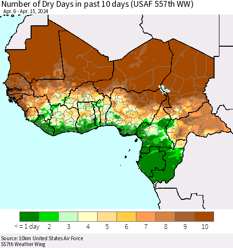 Western Africa Number of Dry Days in past 10 days (USAF 557th WW) Thematic Map For 4/11/2024 - 4/15/2024