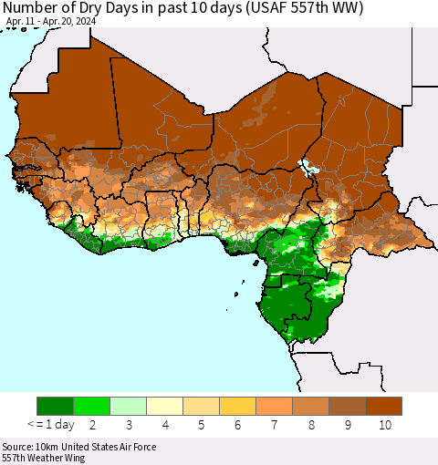 Western Africa Number of Dry Days in past 10 days (USAF 557th WW) Thematic Map For 4/16/2024 - 4/20/2024