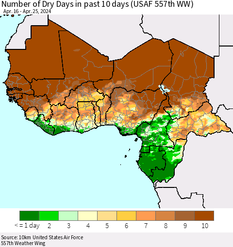 Western Africa Number of Dry Days in past 10 days (USAF 557th WW) Thematic Map For 4/21/2024 - 4/25/2024