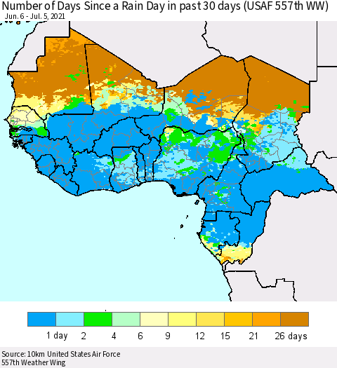 Western Africa Number of Days Since a Rain Day in past 30 days (USAF 557th WW) Thematic Map For 7/1/2021 - 7/5/2021