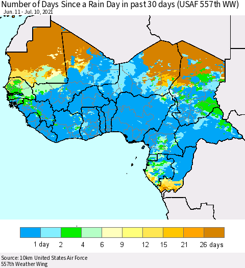 Western Africa Number of Days Since a Rain Day in past 30 days (USAF 557th WW) Thematic Map For 7/6/2021 - 7/10/2021