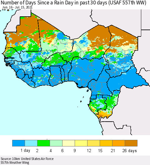 Western Africa Number of Days Since a Rain Day in past 30 days (USAF 557th WW) Thematic Map For 7/11/2021 - 7/15/2021