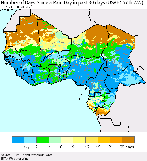 Western Africa Number of Days Since a Rain Day in past 30 days (USAF 557th WW) Thematic Map For 7/16/2021 - 7/20/2021