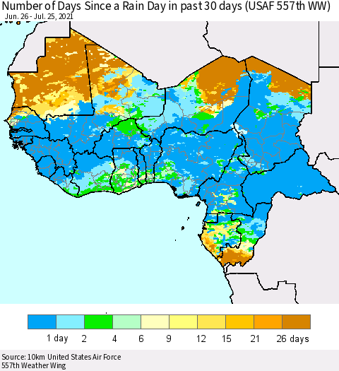 Western Africa Number of Days Since a Rain Day in past 30 days (USAF 557th WW) Thematic Map For 7/21/2021 - 7/25/2021