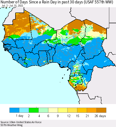Western Africa Number of Days Since a Rain Day in past 30 days (USAF 557th WW) Thematic Map For 7/26/2021 - 7/31/2021