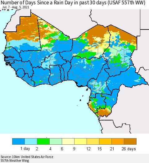 Western Africa Number of Days Since a Rain Day in past 30 days (USAF 557th WW) Thematic Map For 8/1/2021 - 8/5/2021