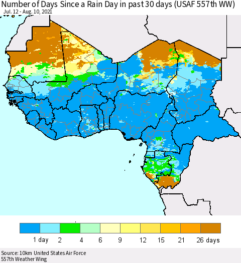 Western Africa Number of Days Since a Rain Day in past 30 days (USAF 557th WW) Thematic Map For 8/6/2021 - 8/10/2021