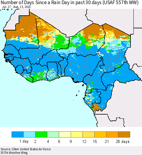 Western Africa Number of Days Since a Rain Day in past 30 days (USAF 557th WW) Thematic Map For 8/11/2021 - 8/15/2021