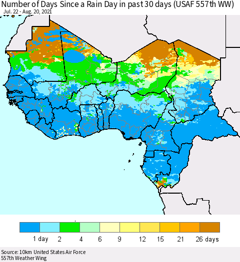 Western Africa Number of Days Since a Rain Day in past 30 days (USAF 557th WW) Thematic Map For 8/16/2021 - 8/20/2021