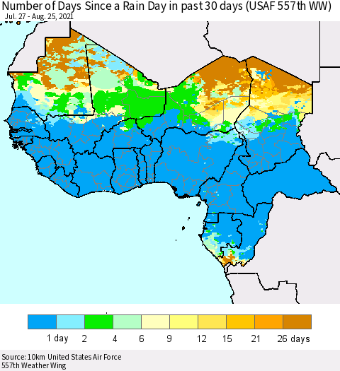 Western Africa Number of Days Since a Rain Day in past 30 days (USAF 557th WW) Thematic Map For 8/21/2021 - 8/25/2021