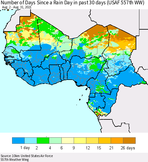 Western Africa Number of Days Since a Rain Day in past 30 days (USAF 557th WW) Thematic Map For 8/26/2021 - 8/31/2021