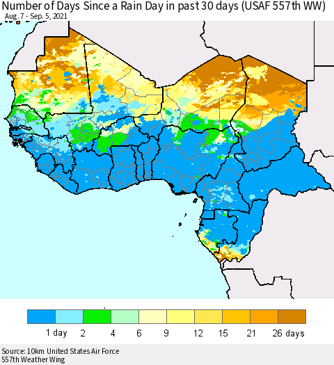 Western Africa Number of Days Since a Rain Day in past 30 days (USAF 557th WW) Thematic Map For 9/1/2021 - 9/5/2021