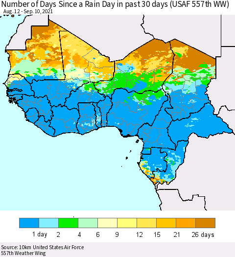 Western Africa Number of Days Since a Rain Day in past 30 days (USAF 557th WW) Thematic Map For 9/6/2021 - 9/10/2021