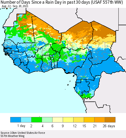 Western Africa Number of Days Since a Rain Day in past 30 days (USAF 557th WW) Thematic Map For 9/16/2021 - 9/20/2021