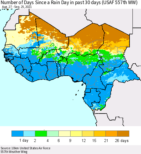 Western Africa Number of Days Since a Rain Day in past 30 days (USAF 557th WW) Thematic Map For 9/21/2021 - 9/25/2021