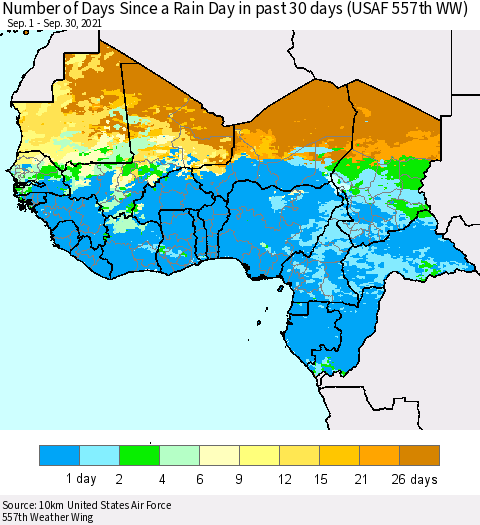 Western Africa Number of Days Since a Rain Day in past 30 days (USAF 557th WW) Thematic Map For 9/26/2021 - 9/30/2021