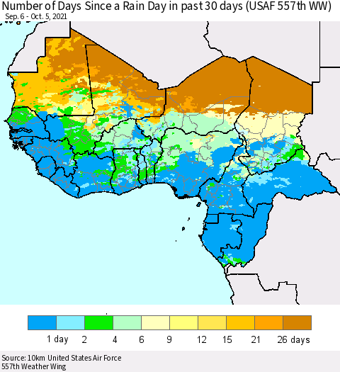 Western Africa Number of Days Since a Rain Day in past 30 days (USAF 557th WW) Thematic Map For 10/1/2021 - 10/5/2021
