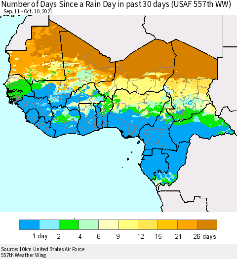 Western Africa Number of Days Since a Rain Day in past 30 days (USAF 557th WW) Thematic Map For 10/6/2021 - 10/10/2021